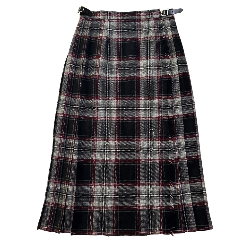 Vintage Scottish Sportswear Wool Tartan Kilt Skirt 12 Pleated Midi Dark Academia - Picture 1 of 10